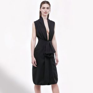 EMANUEL UNGARO – Abito Elegante Donna Nero in Lana e Seta con Scollatura Profonda